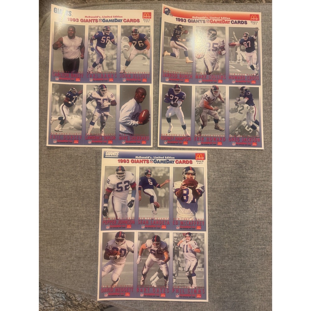 1993 McDonald's New York Giants Gameday Cards Complete Uncut 3 Sheet Set‎